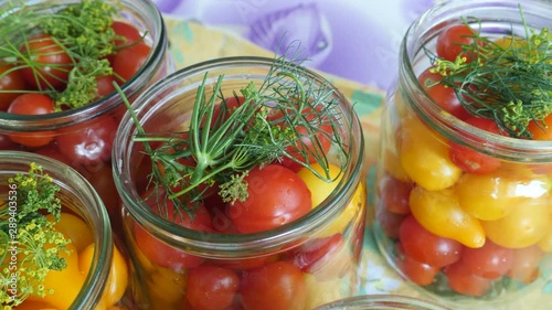 Housewife puts dill in a glass jar with tomatoes. Homemade pickled canned red and uellow tomato with herbs. Home preservation photo