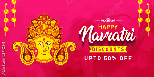 Happy Navratri Discount Upto 50% Off Banner of Indian Festival of Durga Puja Sale Offer, Logo design, Sticker Concept, Greeting Card Template, Icon, Poster, Unit, Label, Web Mnemonic on textured wall
