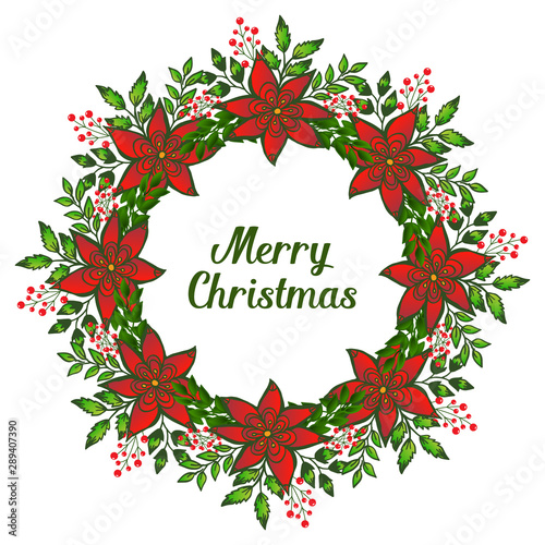 Element on white background, with design red flower frame, lettering for greeting card merry christmas. Vector