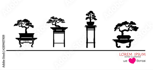 set of Bonsai, Black silhouette of bonsai. Detailed image. Vector illustration. Decorative arts. Mini tree in pot. Dwarf tree decoration art.  