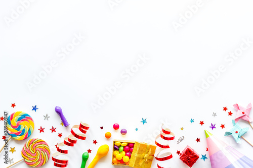 Decoration for party frame on white background top view copyspace