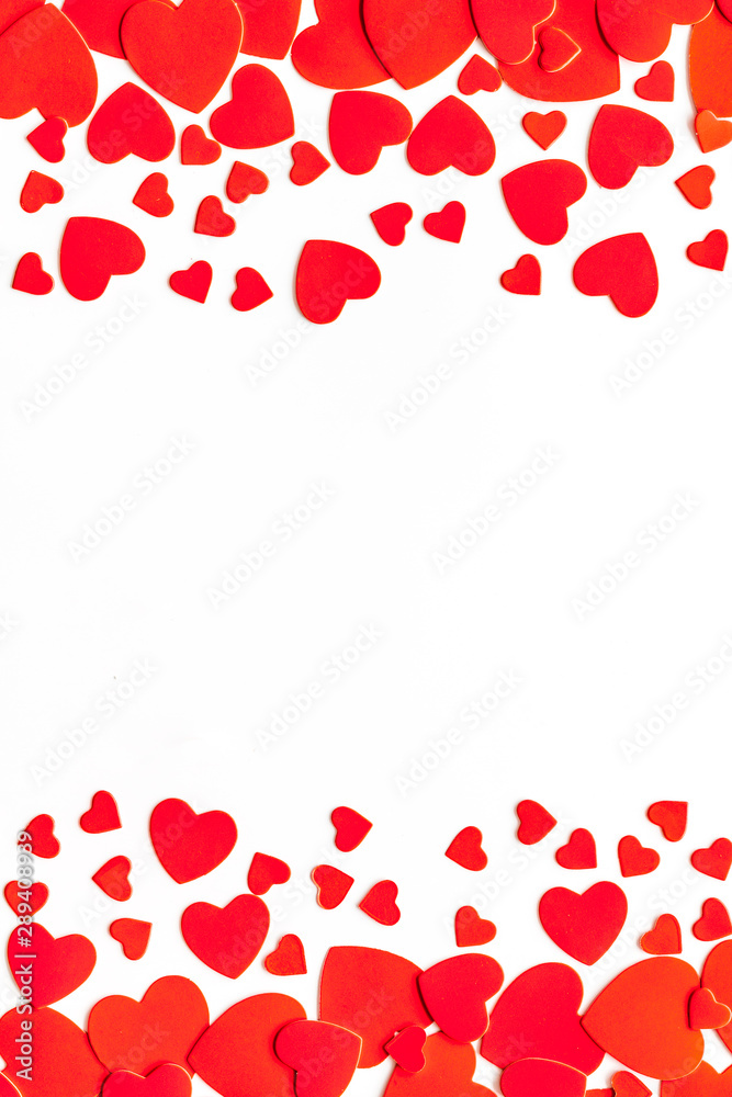 Frame with hearts for present carts design on white background top view copyspace
