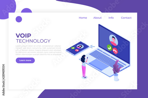Voice over IP,  IP telephony  VoIP technology isometric concept. Vector illustration.
