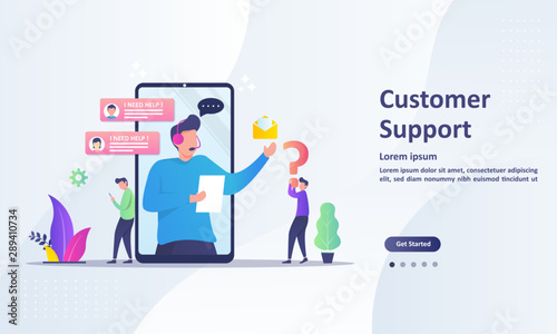 Customer Support concept design, Operator with headset doing live feedback, hotline operator advises client, Suitable for web landing page, ui, mobile app, banner template. Vector Illustration