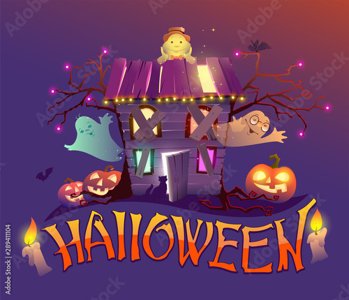 Halloween old haunted house greeting card cartoon illustration