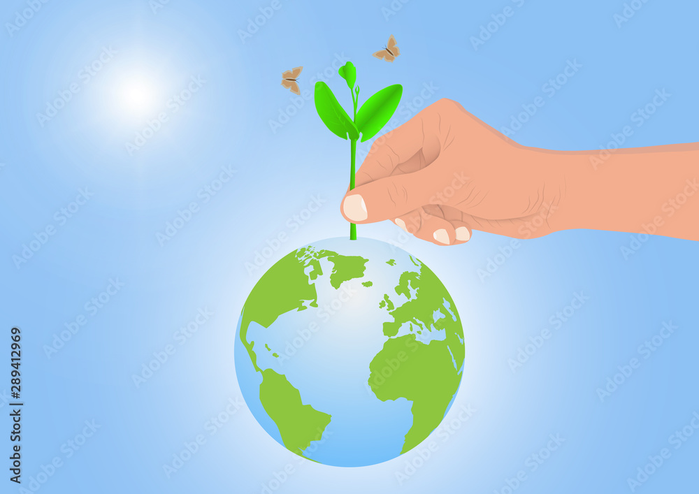 Hand holding planting sprout on earth on blue sky background, environmental concept vector illustration Hand holding planting sprout on earth on blue sky background, environmental concept vector illustration