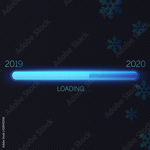 Neon blue progress loading bar year 2019 to 2020, new year concept vector illustration