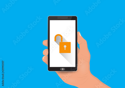 Hand holding smartphone with unlocked key on white screen, mobile security concept vector illustration