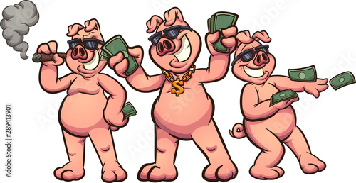 Rich cartoon pigs showing off money clip art. Vector illustration with simple gradients.Each on a separate layer.