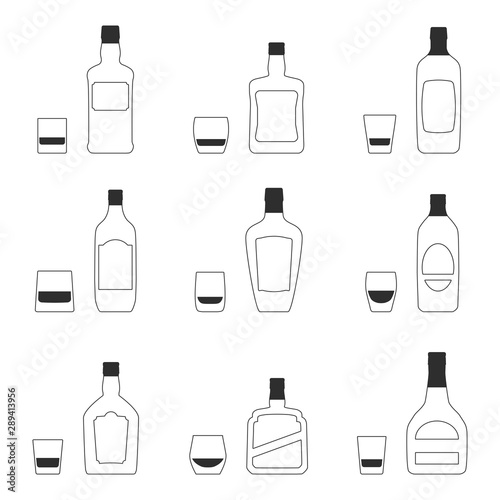 Vector set of 9 different rocks glasses and 9 bottles of whiskey silhouettes. Isolated objects on white background. Fully editable scotch / bourbon glasses collection for packaging, decor, menu design