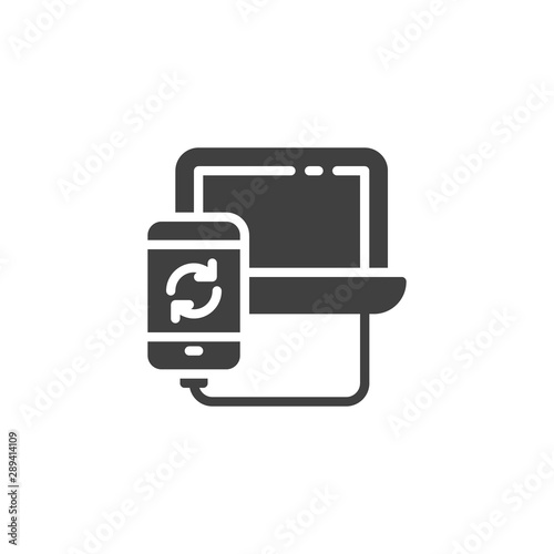 Mobile phone connected to laptop vector icon. filled flat sign for mobile concept and web design. Smartphone synchronized with computer glyph icon. Symbol, logo illustration. Vector graphics