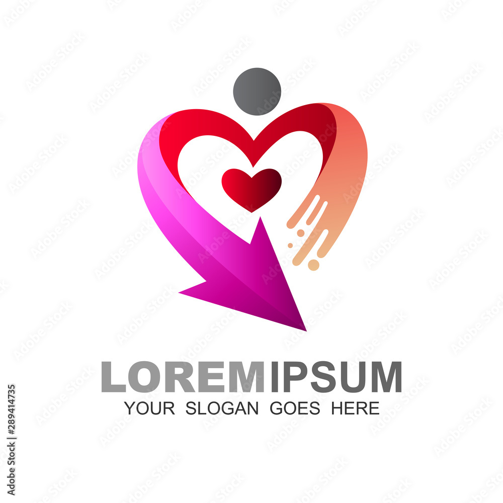 Love logo with charity icon, Arrow and family logo design template Love logo with charity icon, Arrow and family logo design template