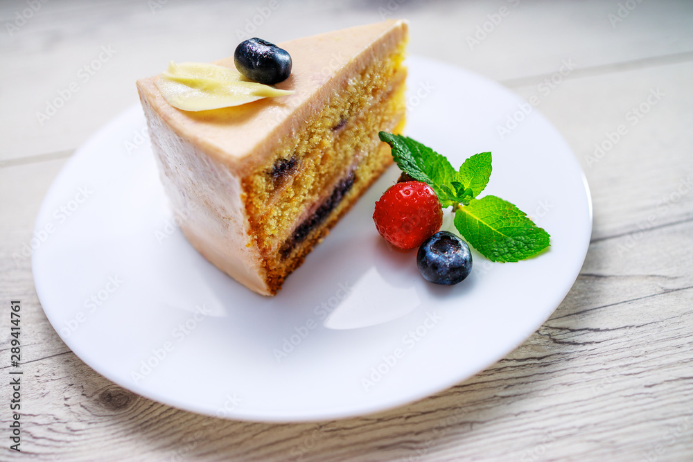 Cake with chocolate, yogurt cream and blueberries fruits isolated on white background Cake with chocolate, yogurt cream and blueberries fruits isolated on white background