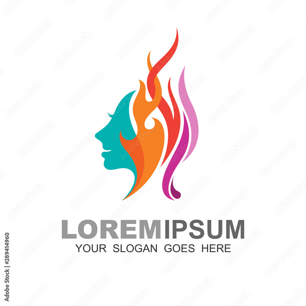 Face logo with fire combination design template, cosmetic logo