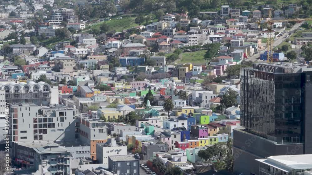 An elevated view of Cape Town’s historical Bo-Kaap neighborhood during the day. An elevated view of Cape Town’s historical Bo-Kaap neighborhood during the day.