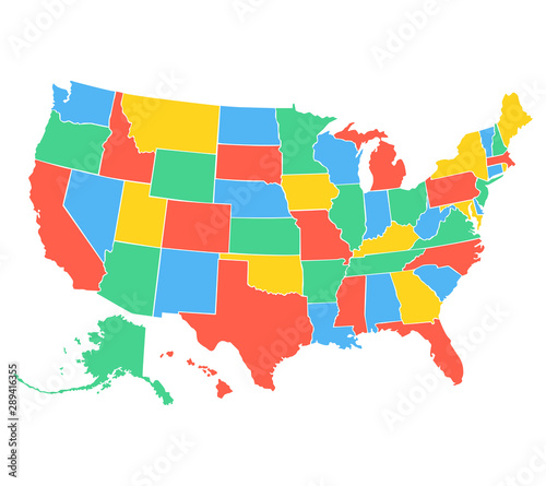 Political map of USA, United States of America, in four colors on white background. Vector illustration.