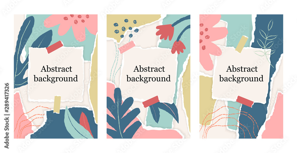 Obraz premium Summer set of floral background with torn paper pieces in pastel color, chalk line, square note. Greeting fashion card in scandinavian style. Paper cut collage design. Abstract vector Illustration.