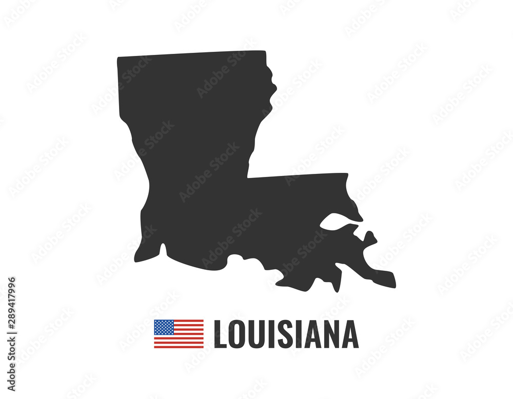 Louisiana map isolated on black background silhouette. Louisiana USA state.  American flag. Vector illustration. Stock Vector