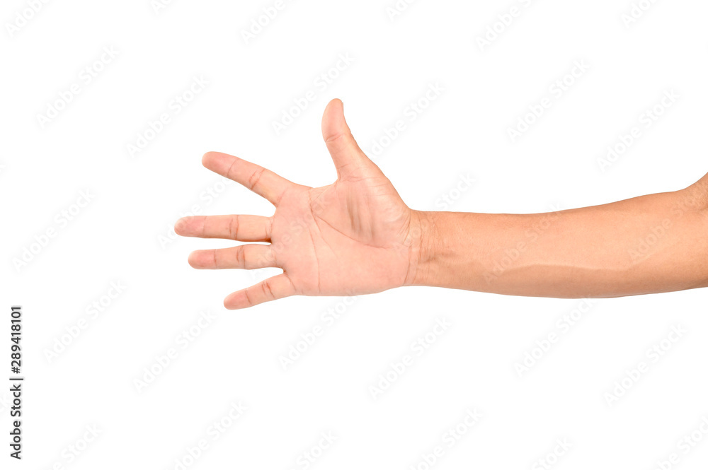 Man hand gesturing isolated on white background.