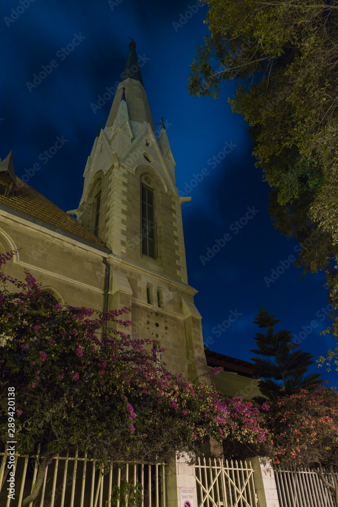 View at night on the current Lutheran Church Emmanuel. Built in 1904 in the American colony in Yafo.