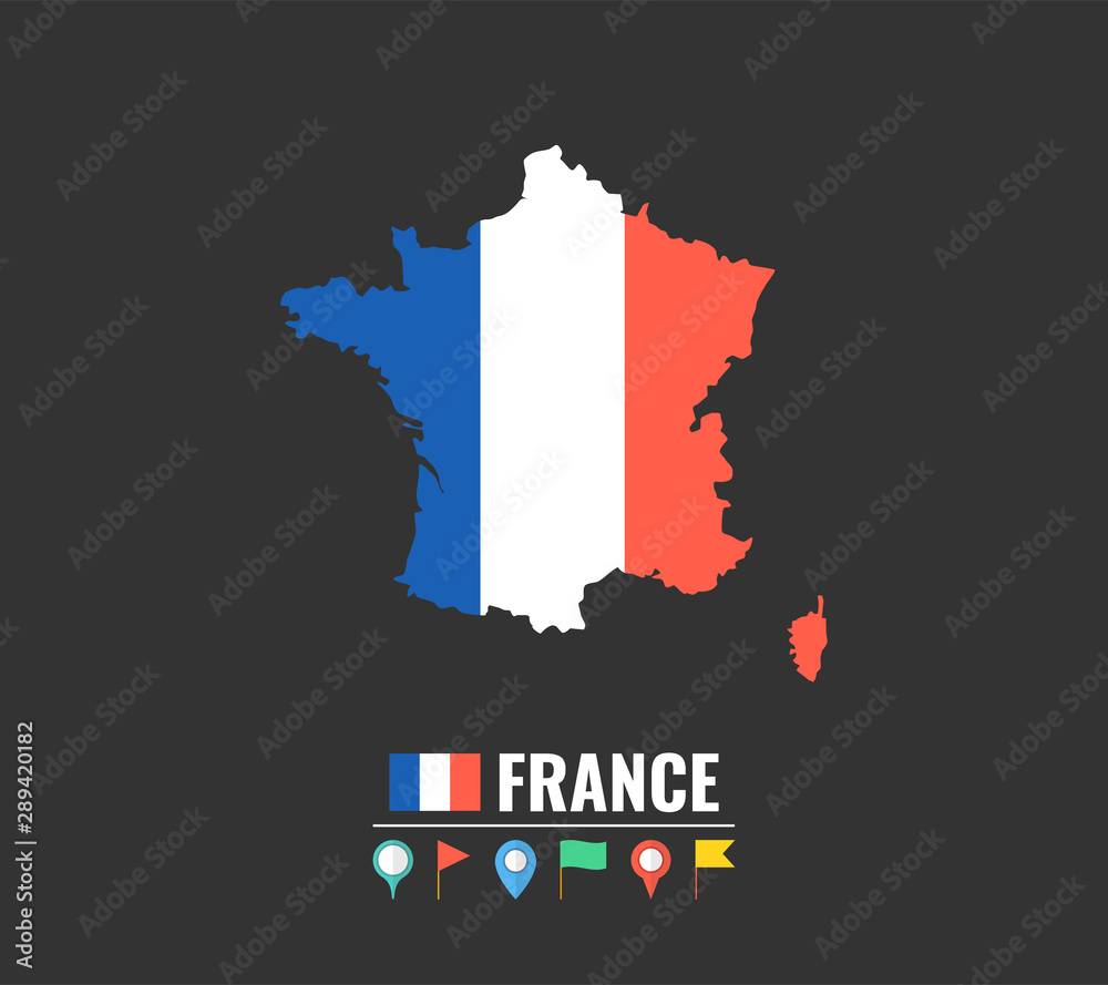 High detailed vector map of France. Name country, flag and pointer set. Flat vector illustration.