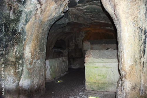 A niche with graves in the interior of a necropolis in the Bet She'arim National Park in the Kiriyat Tivon city in Israel