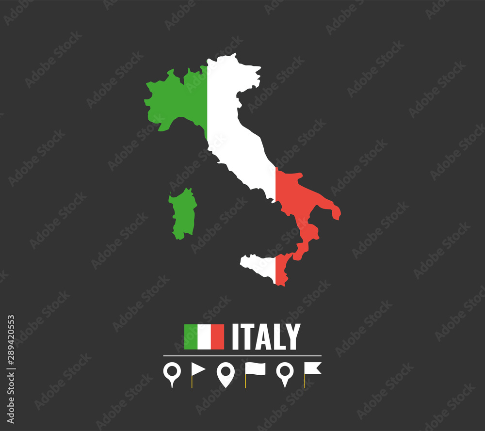 High detailed vector map of Italy. Name country, flag and pointer set. Flat vector illustration.