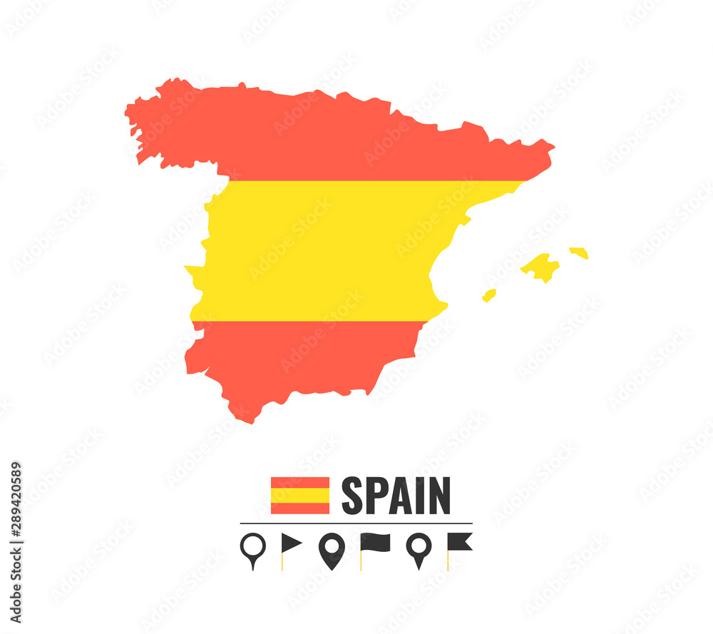 Obraz premium High detailed vector map of Spain. Name country, flag and pointer set. Flat vector illustration.