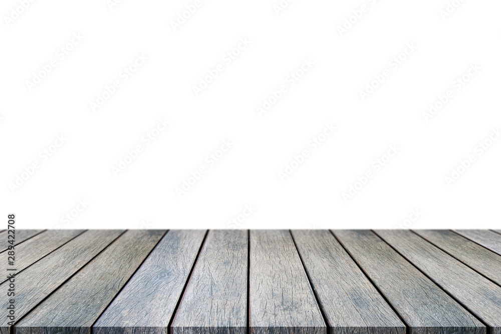 Perspective empty wooden table with white background including clipping path for product display montage or design layout.