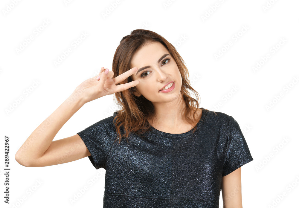 Smiling woman in casual clothes on white background Smiling woman in casual clothes on white background