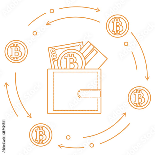 Purse with banknote, credit card and bitcoin.