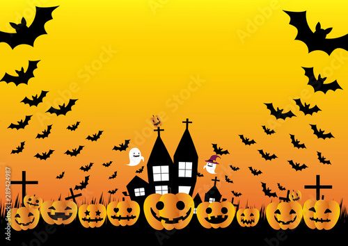 ハロウィーンのカボチャのランタンとこうもりとおばけ（コピースペース）