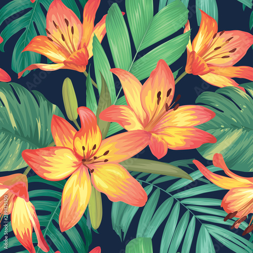 Seamless pattern with lily flowers and palm leaves background. Vector set of exotic tropical garden for holiday invitation, greeting card and textile fashion design.