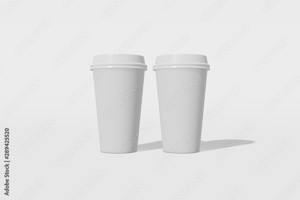 Set of two white paper mockup cup with a lid on a white background. 3D rendering Set of two white paper mockup cup with a lid on a white background. 3D rendering