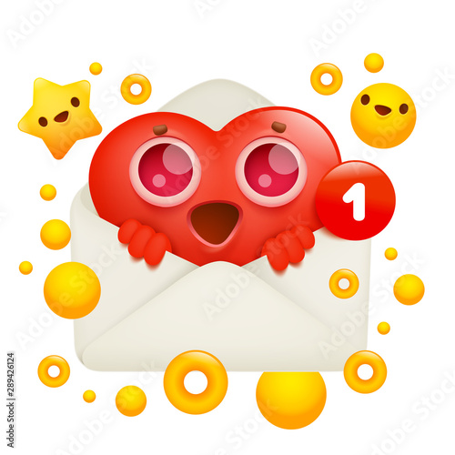 red heart emoji 3d smile face cartoon character inside envelope. New message emoticon card.