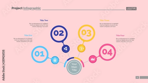 Four steps process chart slide template. Business data. Review, diagram, design. Creative concept for infographic, presentation, report. Can be used for topics like marketing, finance, production.