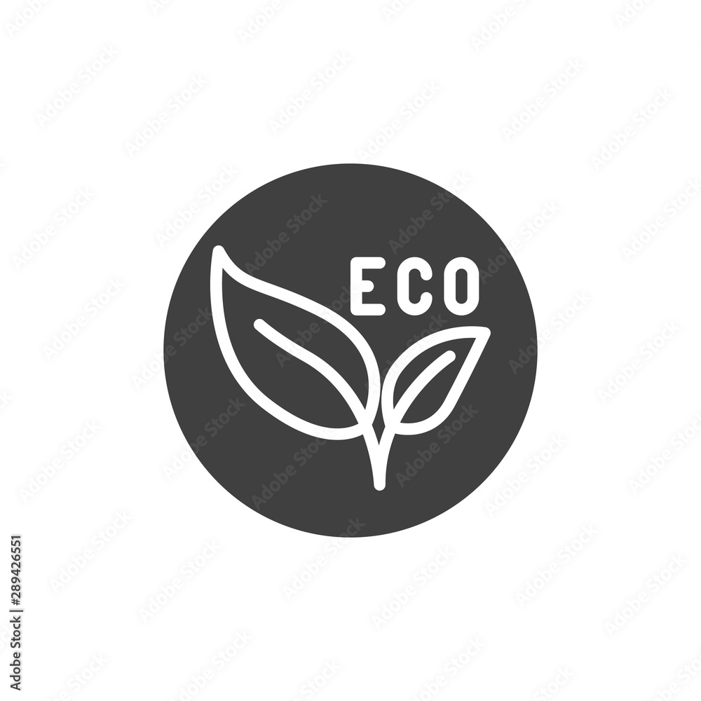 Eco leaves label vector icon. filled flat sign for mobile concept and web design. Eco material badge glyph icon. Symbol, logo illustration. Vector graphics
