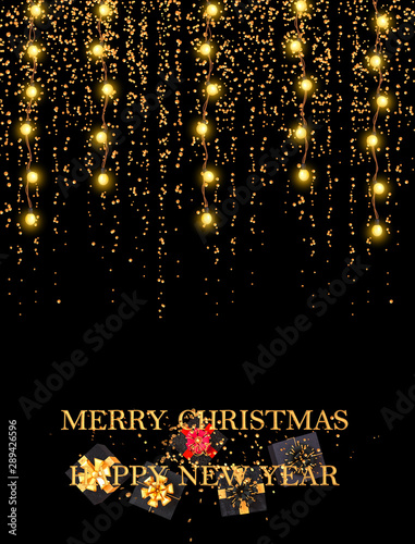 Christmas shiny black background, New Year, black box, gold bow, flying confetti, sclock, parkles, tinsel, balls, heart, toys, ball, serpentine, garland illumination, 3D rendering, photo