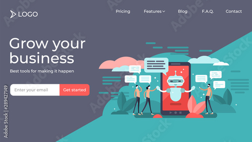 Chatbot flat mini persons vector illustration landing page template design.