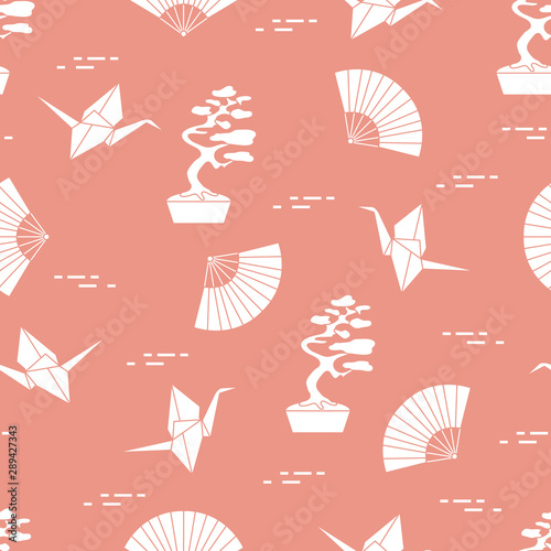 Pattern. Bonsai trees, origami cranes, fans.