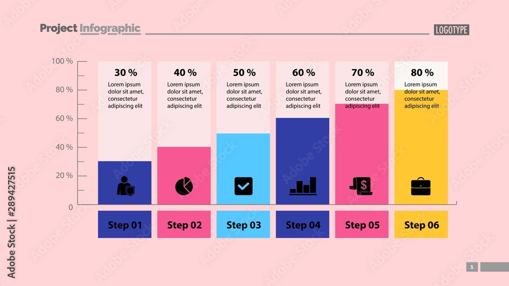 Six columns bar chart slide template. Business data. Step, diagram