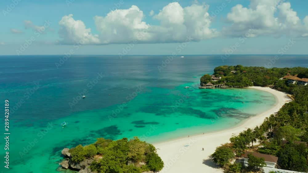 Beautiful Punta Bunga Beach on Boracay island, Philippines.Hotels near the beach in sunny weather. The coast of the island of Boracay for tourists. Beautiful Punta Bunga Beach on Boracay island, Philippines.Hotels near the beach in sunny weather. The coast of the island of Boracay for tourists.