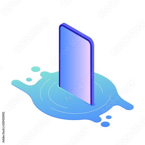 Vector isometric illustration of broken smartphone damaged by water. Floating device put in liquid, modern trendy gradient style. Various smartphone brake down reasons for gadget repair service. 