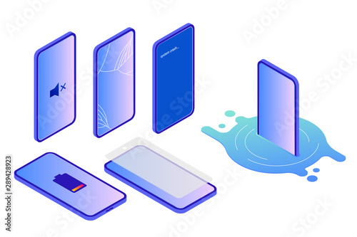 Vector isometric illustration, broken smartphone damaged by water, drop. System crash screen, cracked display. Devices in modern trendy gradient style. Various smartphone brake down for repair service