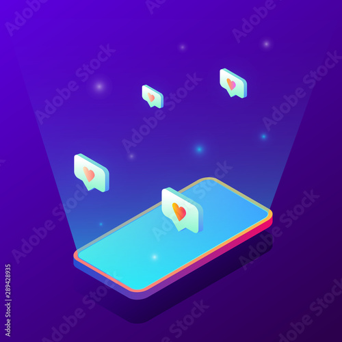 Isometric Trendy gradient vector illustration of like icon app interface element floating out of smartphone. Lots of likes in social media,  graphic concept of social media obsession and addiction