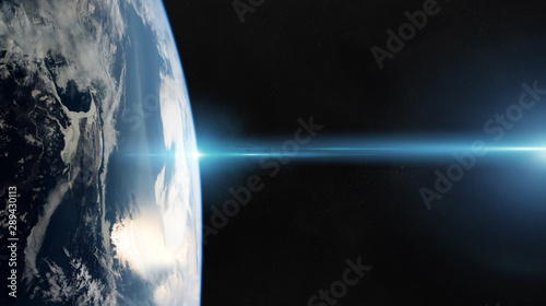 Fototapeta Naklejka Na Ścianę i Meble -  View of planet Earth close up with atmosphere during a sunrise 3D rendering elements of this image furnished by NASA