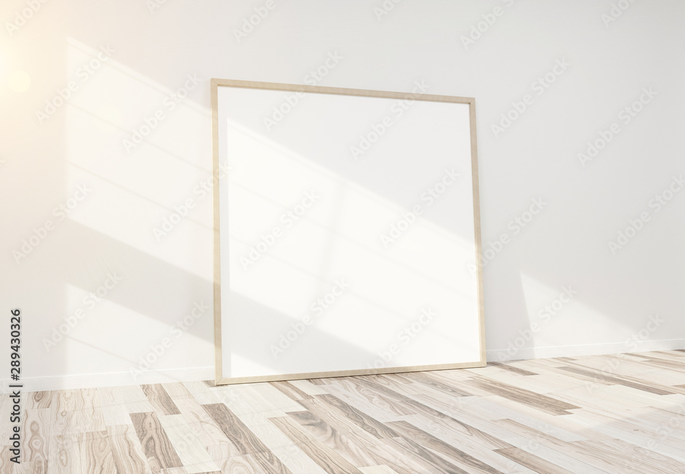 Wooden frame leaning in bright white interior with wooden floor mockup 3D rendering Wooden frame leaning in bright white interior with wooden floor mockup 3D rendering