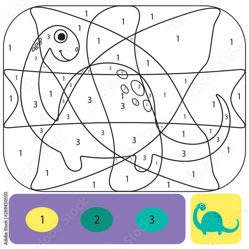 Cute dino coloring page for kids. Coloring puzzle with numbers of color