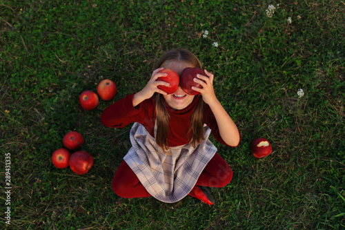 Little girl with red apples. Girl harvests in the fall © Nadya Kolobova
