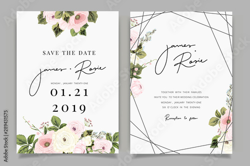 Luxury Wedding Invitation set,  invite thank you, rsvp modern card Design in Golden and pink rose with leaf greenery branches  decorative Vector elegant rustic template